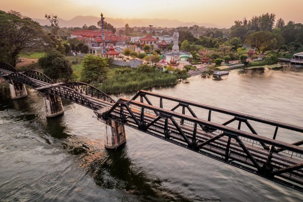 Aerial,View,Of,The,Death,Railway,Bridge,Crossing,River,Khwae